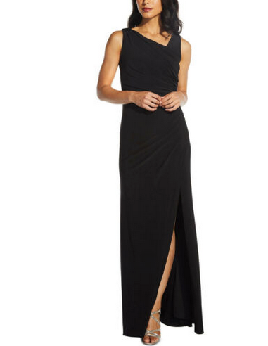 Adrianna Papell Hand-Sequined Ruched Long Jersey Gown