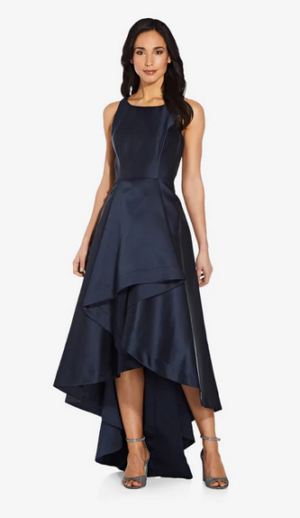 Adrianna Papell High Low Mikado Gown With Asymmetrical Detail In Midnight Size: 0